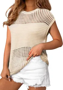 Detail shot of a women's beige round neck hollow-out knit pullover sweater for summer.