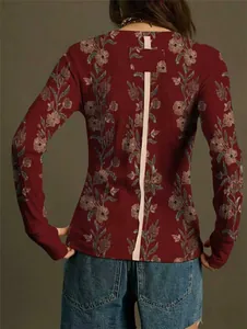 Detailed back view of a burgundy slim fit long sleeve T-shirt with vintage floral print