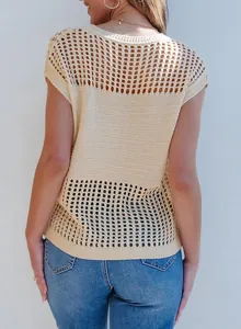 Macro view of the back showing intricate hollow-out mesh pattern on summer knit top.