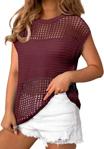 Close-up of women's maroon hollow-out knit sweater showing mesh texture details