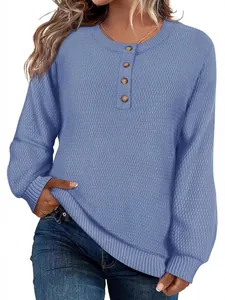 Pull décontracté en maille gaufrée bleue pour femme avec manches longues et boutons