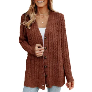 Gilet en maille torsadée marron pour femme avec manches longues et boutonnage devant