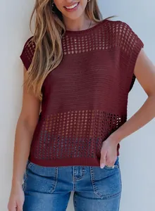 Close-up view of a stylish burgundy hollow-out knit short sleeve sweater for women