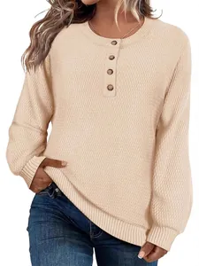 Pull en tricot uni à manches longues et boutons pour femmes avec col rond et texture gaufrée