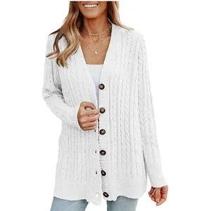 Gilet long en maille torsadée blanche pour femme avec boutons et manches longues
