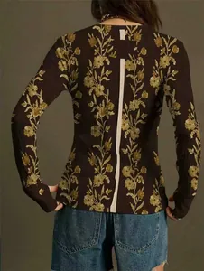 Back view of retro floral print long-sleeved slim-fit knit T-shirt with back stripe detail
