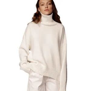 Oversized white turtleneck knit sweater for women, cozy winter fashion style