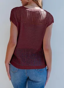 Detailed back view of a wine red casual hollow-out knit short sleeve sweater for women