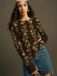 Detail of a slim-fit vintage floral print long-sleeved knit top for women in brown