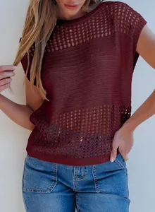 Detail view of burgundy mesh hollow-out knit sweater with casual crew neck design