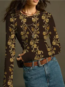Detail view of a slim-fit knit long-sleeved T-shirt with vintage floral patterns
