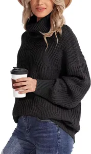 Pull à col roulé pour femmes en grosse maille torsadée gris foncé, coupe décontractée