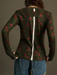 Back view of vintage dark green long sleeve shirt with red floral print and white stripe