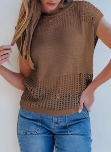 Casual brown hollow-out knitted short sleeve pullover sweater for women