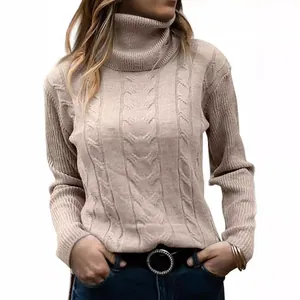 Elegant beige turtleneck cable-knit sweater for women featuring a cozy winter fashion style.