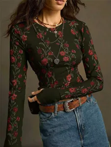 Detail shot of a retro floral print long-sleeved knit T-shirt with slim fit design.