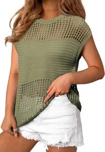 Detail showing the intricate hollow-out mesh texture of this casual sleeveless knit top.