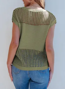 Back view of a green hollow-out short sleeve knit top showing mesh knit details.