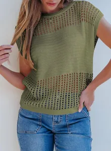 Close-up detail of olive green hollow-out knit top featuring round neck and mesh texture