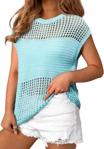 Detailed close-up showing the light blue hollow-out knit mesh top with delicate crochet texture