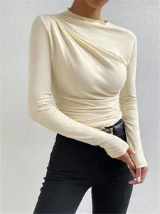 Elegante camiseta de manga larga fruncida crema para mujer top de base ajustado chic