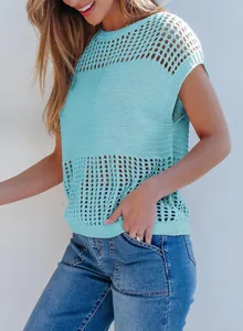 Detailed view of the light blue round neck knit top featuring a chic mesh hollow-out design.