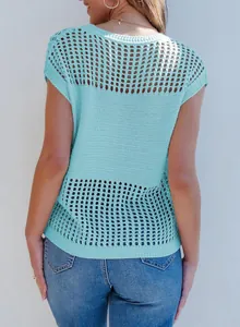 Detailed back view of a mint green hollow-out knitted short-sleeve sweater for women.