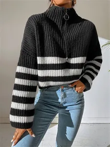 Women's chic black and white striped high-neck half-zip ribbed knit pullover sweater