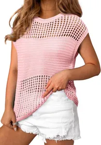 Detail showing the breathable hollow-out knit texture of this pink casual summer top.