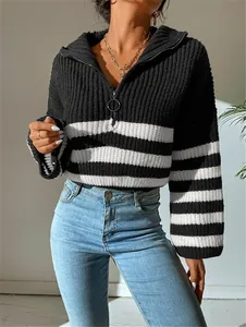 Women's stylish black and white striped quarter-zip knit sweater with a trendy lapel collar