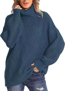 Pull à col roulé bleu surdimensionné pour femme en maille torsadée à texture épaisse