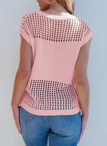 Back view detail of a pink short sleeve hollow-out knit sweater featuring mesh pattern