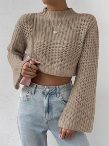 Cropped khaki knit sweater featuring flared bell sleeves and a stylish mock neck.