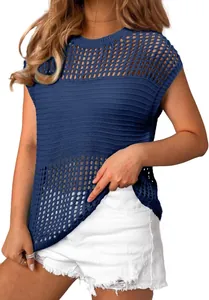 Detailed view of women's blue hollow out knit top featuring round neck and short sleeves