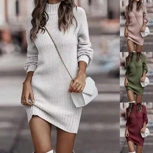 Damen Hochkragen Langarm Rippstrick Pulloverkleid Slim Fit Einfarbig Midi Strickkleid Herbst Winter Streetwear