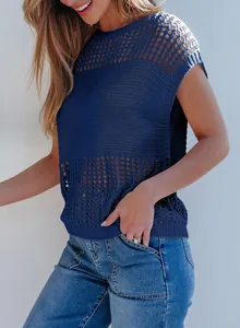 Detail of navy blue round neck knit sweater with decorative mesh hollow-out texture