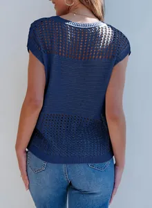 Detailed back view of a blue short sleeve hollow-out knit sweater with mesh texture