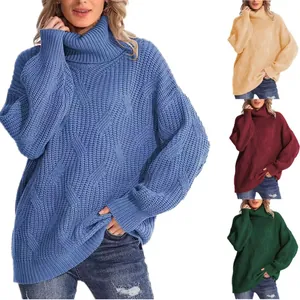 Pull à Col Roulé Oversize pour Femmes Tricot à Torsades Couleur Unie Ample Manches Longues Chandail Doux Chaud pour Automne Hiver