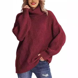 Élégant pull à col roulé oversize en tricot torsadé rouge vin pour femme, manches longues