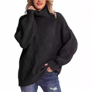 Pull à col roulé noir surdimensionné en maille torsadée pour femme, manches longues