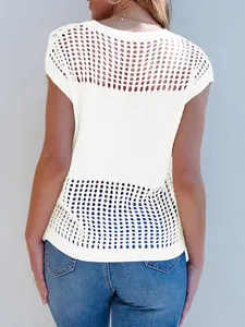 Back view of white open-knit mesh sweater for women, perfect for casual summer styling.