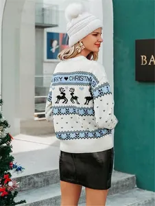 Pull de Noël ample à col rond avec motifs de rennes pour femmes en blanc festif knit