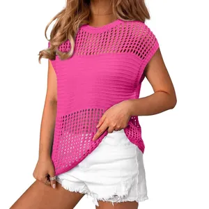 Women Summer Casual Round Neck Short Sleeve Knit Sweater Hollow Out Mesh Crochet Acrylic Top For Beach Holiday Daily Wear