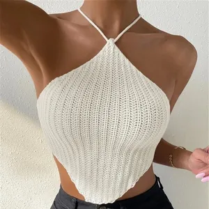 Canotta in Maglia da Donna Scollo all'Americana Sexy Schiena Scoperta Crop Top Allacciato Canotta a Costine Maglione Top per Donna