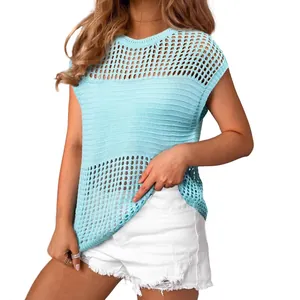 Stylish casual light blue round neck hollow-out knit short sleeve sweater top for women