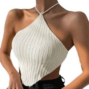 Top corto all'americana in maglia bianca sexy con trama a costine e orlo triangolare