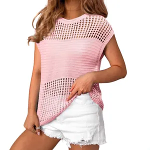 Women's pink hollow-out short sleeve knit sweater with stylish round neck design.