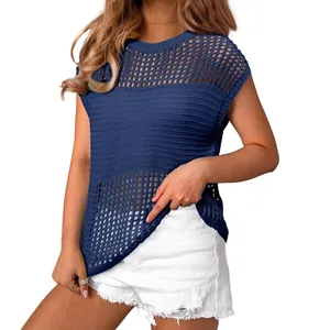 Women's summer casual round neck hollow-out knit short sleeve sweater in navy blue.