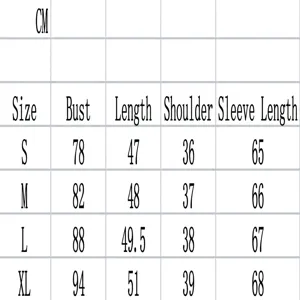 Tableau de mesures détaillé en CM pour t-shirt court à manches longues pour femmes