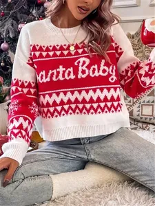 Close-up of a cozy white and red Christmas sweater with knitted Santa Baby text.